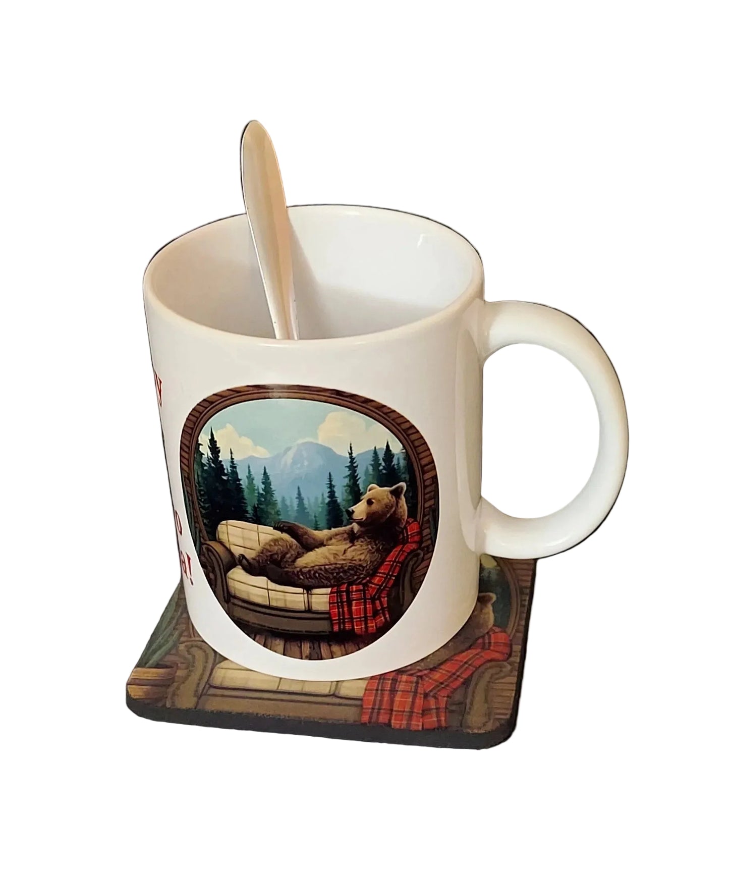 I’m Not Lazy, I’m Just Saving Energy! Bear Mug Set 3 Piece Mug, Coaster and Silver Espresso Spoon