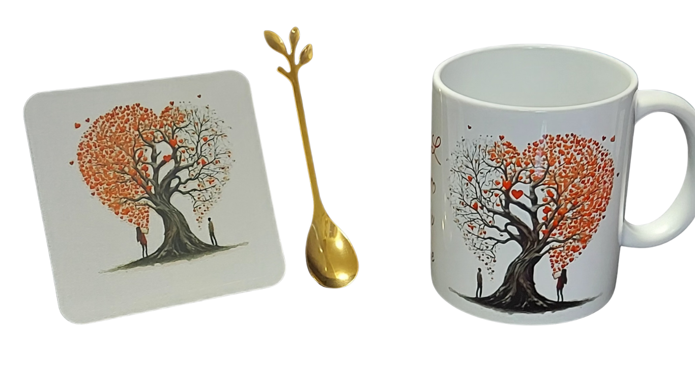 Tree of Love Mug Set – 3 Piece Mug, Coaster & Gold Leaf Spoon