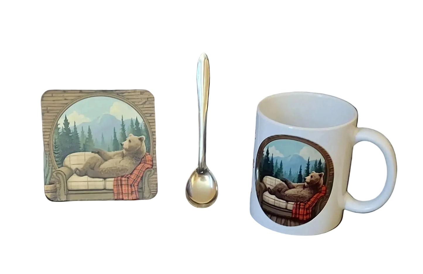 I’m Not Lazy, I’m Just Saving Energy! Bear Mug Set 3 Piece Mug, Coaster and Silver Espresso Spoon