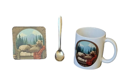 I’m Not Lazy, I’m Just Saving Energy! Bear Mug Set 3 Piece Mug, Coaster and Silver Espresso Spoon
