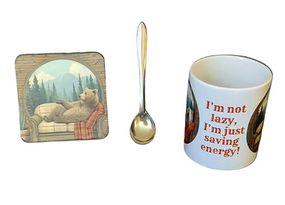 I’m Not Lazy, I’m Just Saving Energy! Bear Mug Set 3 Piece Mug, Coaster and Silver Espresso Spoon