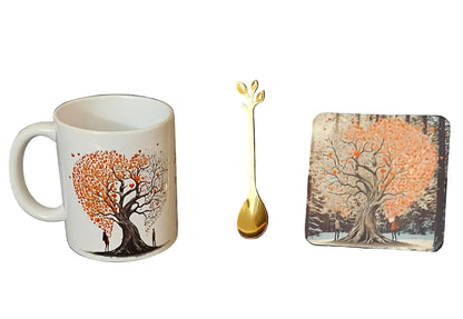 Tree of Love Mug Set – 3 Piece Mug, Coaster & Gold Leaf Spoon