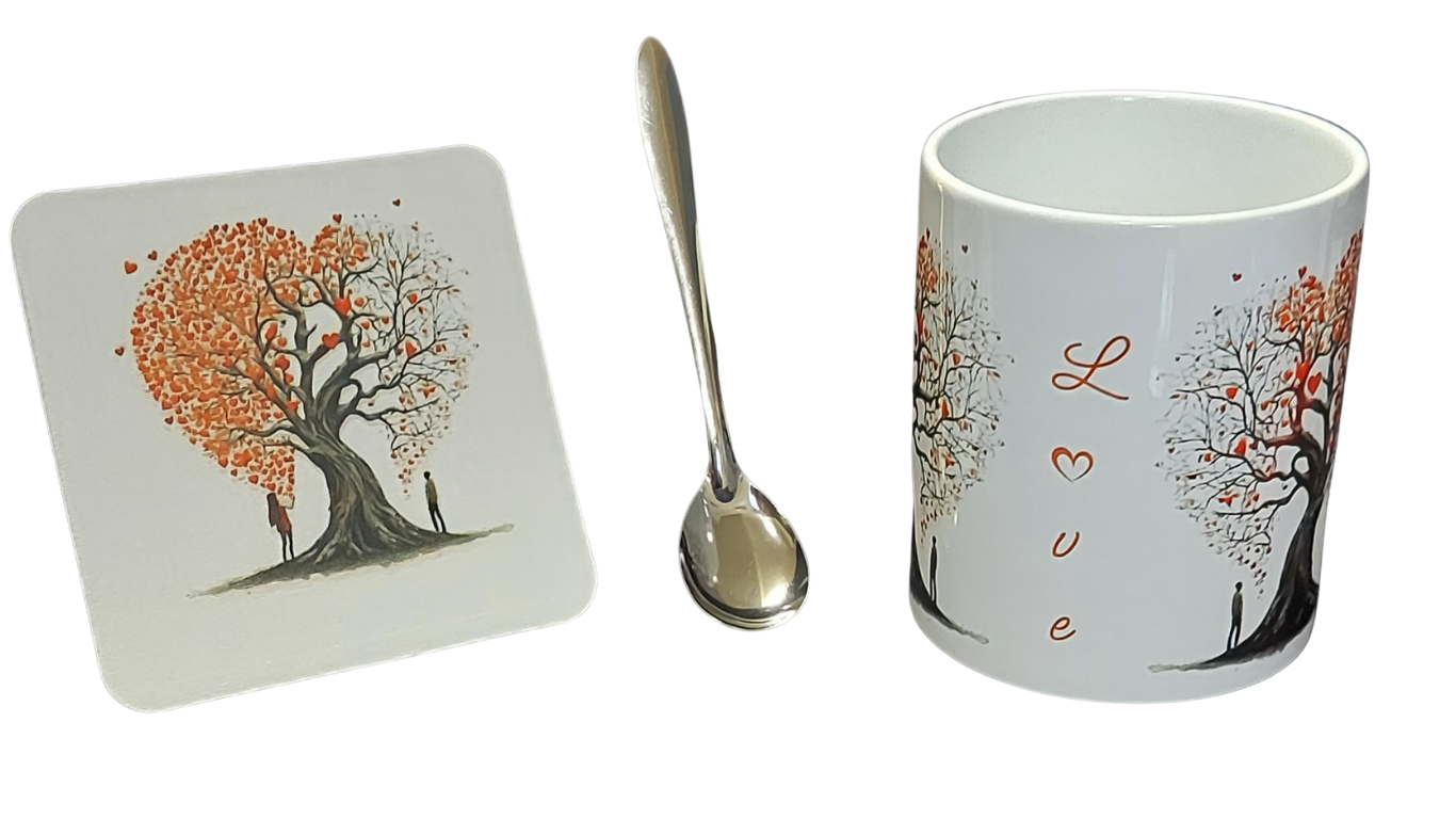 Tree of Love Mug Set – 3 Piece Mug, Coaster and Silver Espresso Spoon