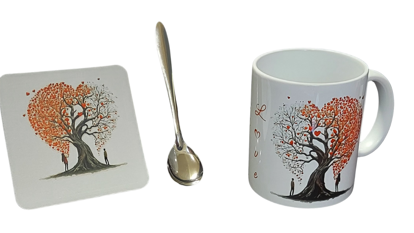 Tree of Love Mug Set – 3 Piece Mug, Coaster and Silver Espresso Spoon