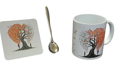 Tree of Love Mug Set – 3 Piece Mug, Coaster and Silver Espresso Spoon