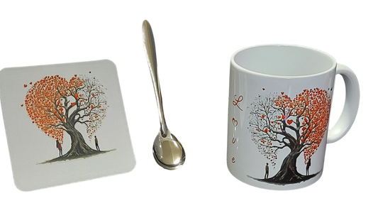 Tree of Love Mug Set – 3 Piece Mug, Coaster and Silver Espresso Spoon