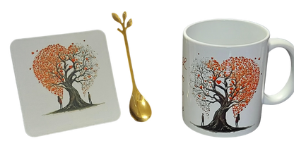 Tree of Love Mug Set – 3 Piece Mug, Coaster & Gold Leaf Spoon