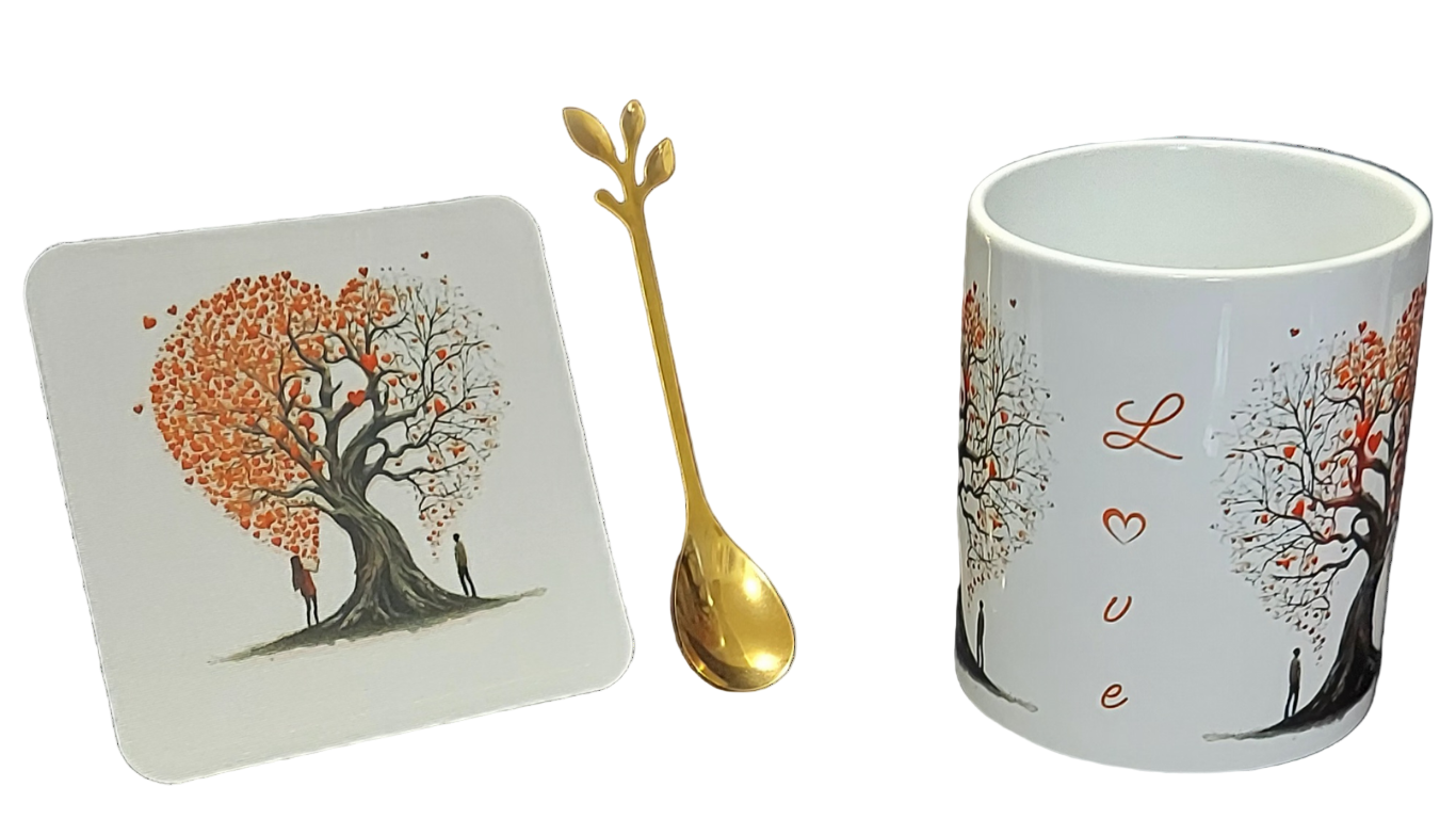 Tree of Love Mug Set – 3 Piece Mug, Coaster & Gold Leaf Spoon