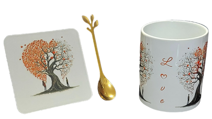 Tree of Love Mug Set – 3 Piece Mug, Coaster & Gold Leaf Spoon