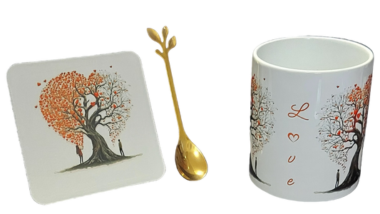 Tree of Love Mug Set – 3 Piece Mug, Coaster & Gold Leaf Spoon